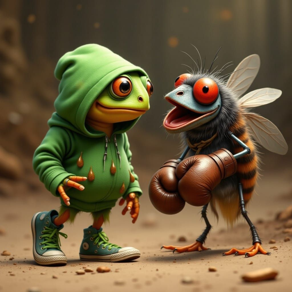 Frog Boxer Fly Standoff in Pixar CGI Style
