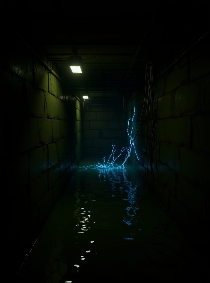 Dystopian Sewer Hallway with Electric Reflections