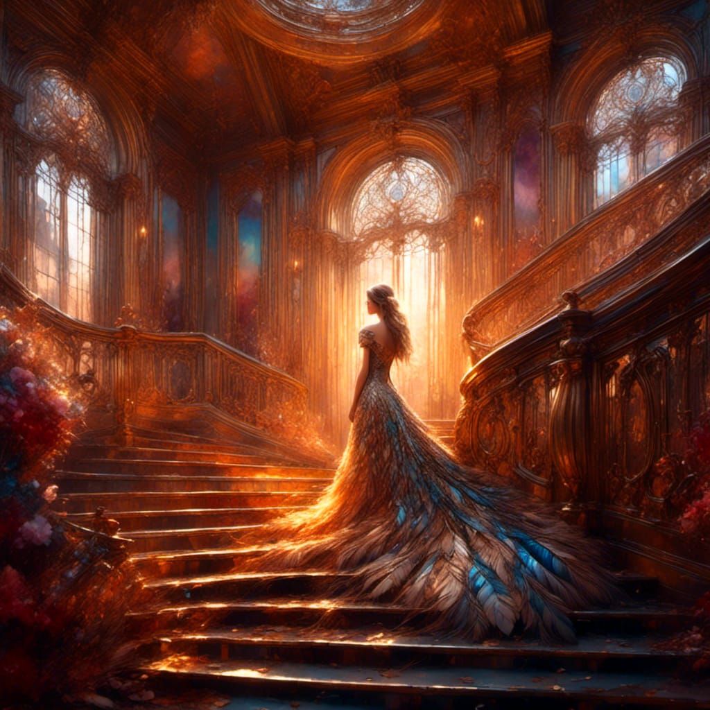 Regal Woman in Feathered Dress: Art Nouveau Style