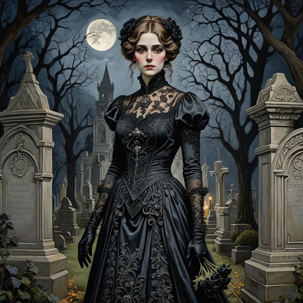 Victorian Gothic Woman in Cemetery: Art Nouveau Oil Painting