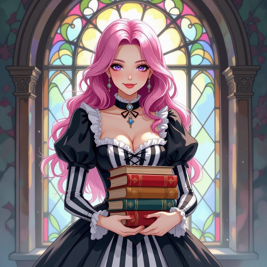 Victorian Woman Holds Books by Stained Glass Window