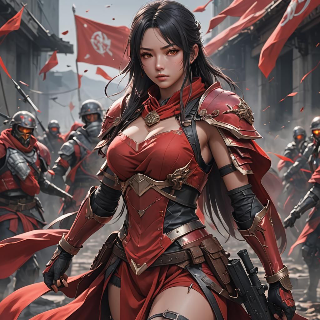 Anime-Style Warrior in Red Cloth, Detailed 3D Art