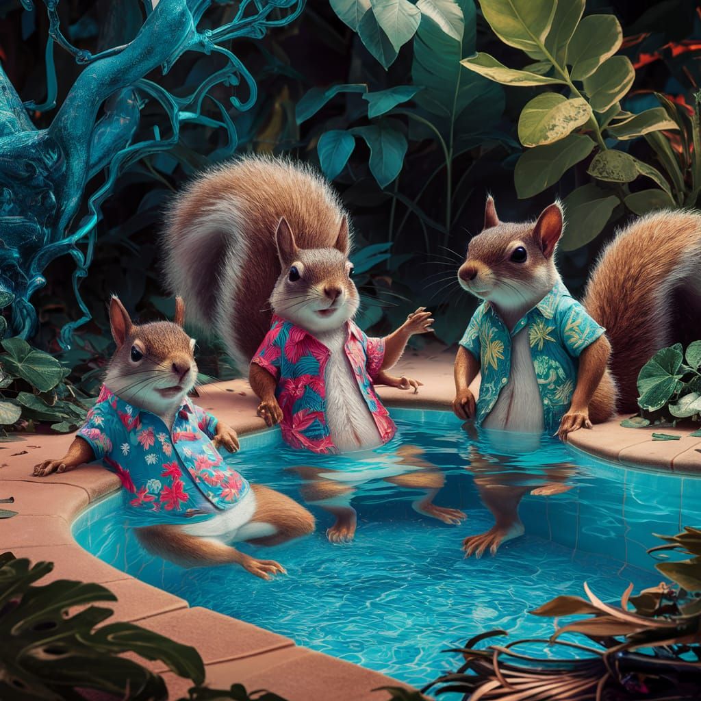 Squirrels' Pool Party in Lush Matte Painting