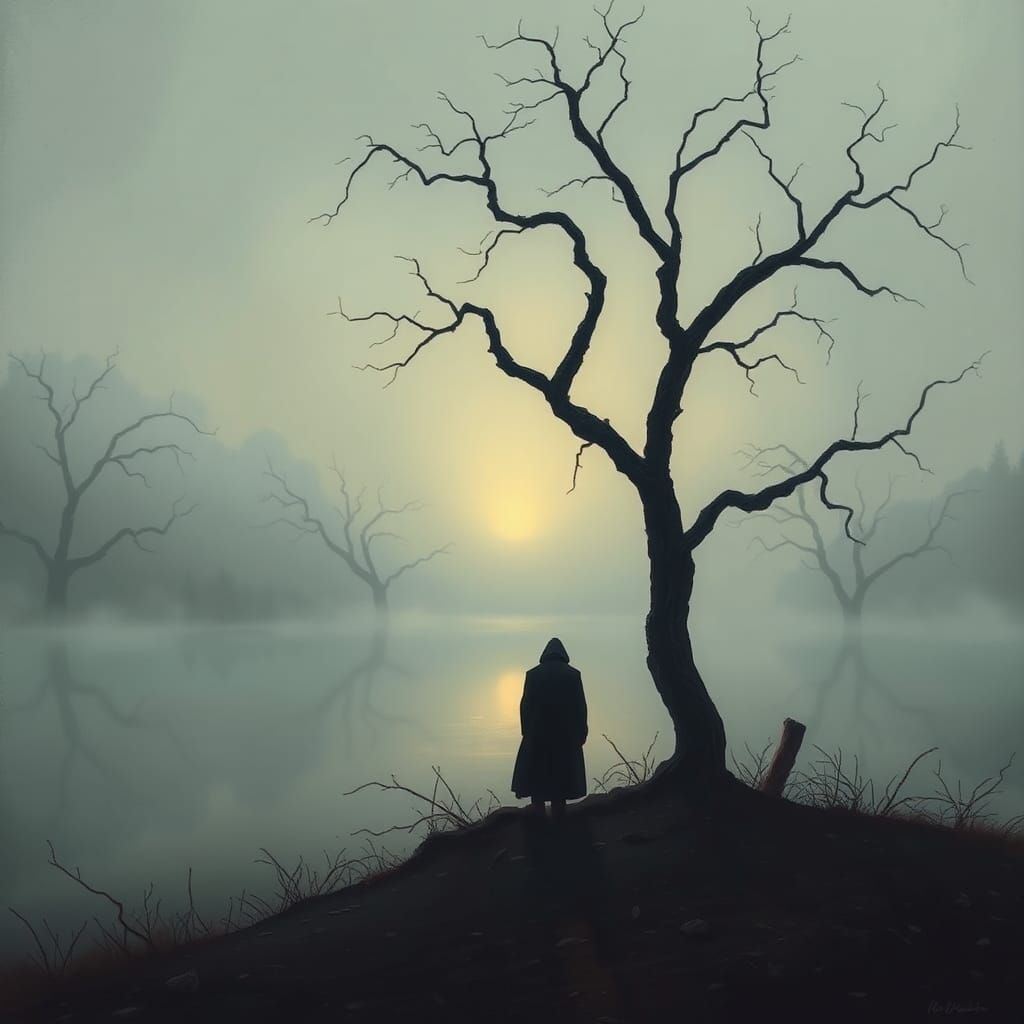 Lone Figure by Misty Lake in Dramatic Landscape Style