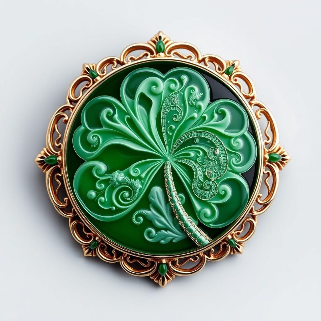 Emerald Shamrock Brooch in Cyberpunk Digital Art Style