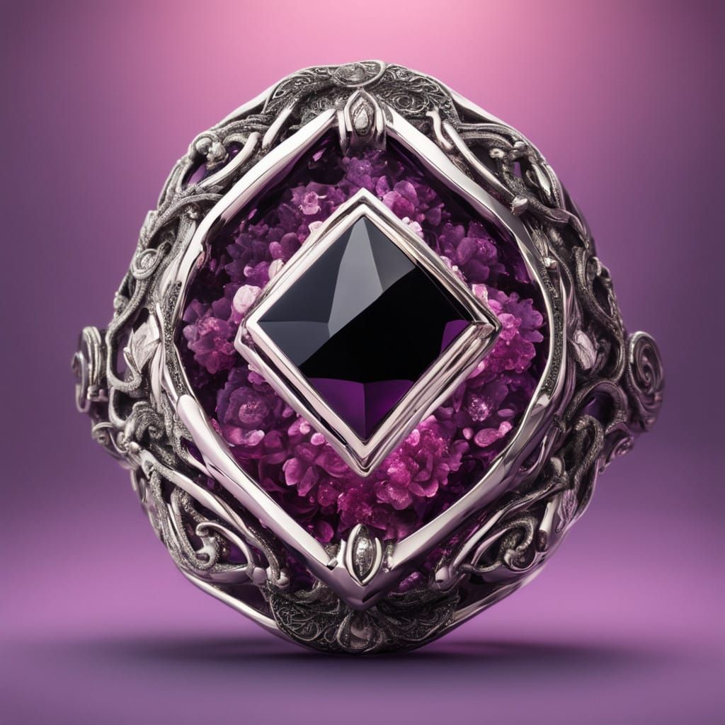 Luxurious Silver Onyx Ring in Opulent 3D Art