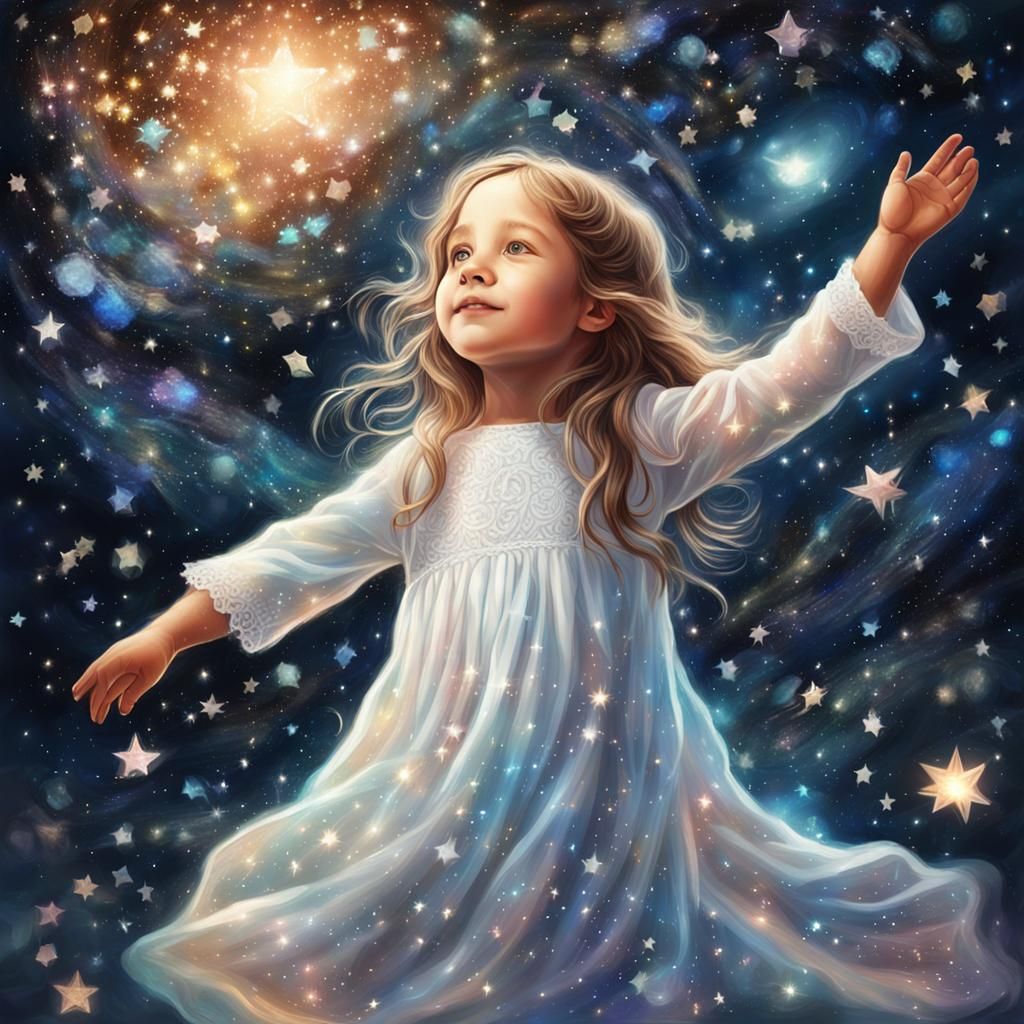 Girl Scattering Stars: Cosmic Mixed Media Illustration