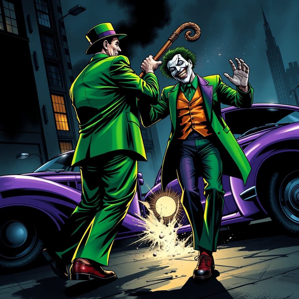 Riddler Defeats Joker with Intricately Carved Cane in Gotham...