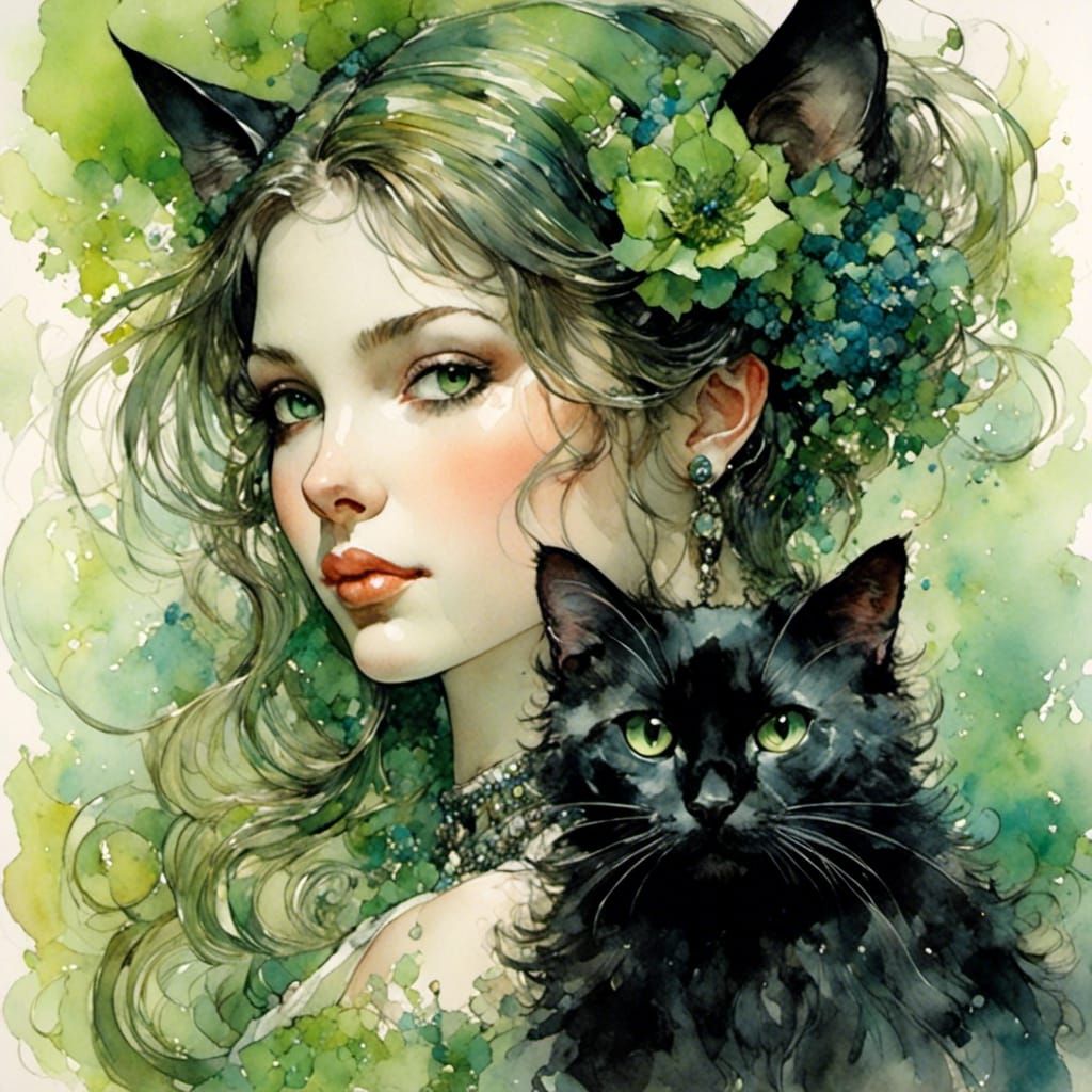 Girl and Black Cat: Stylized Watercolor Art