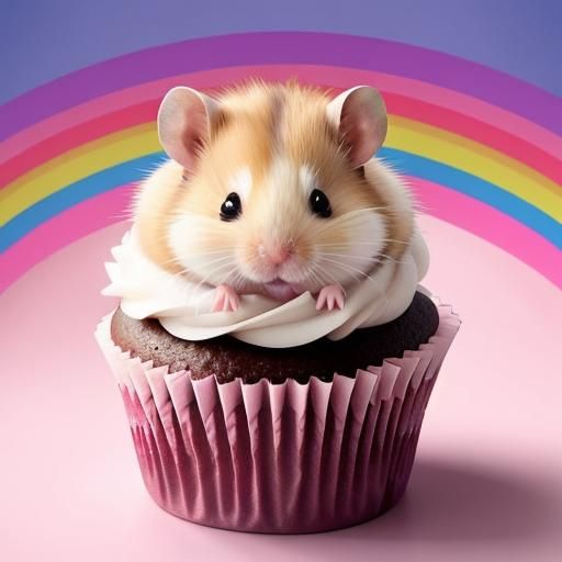 Cute Hamster Enjoys Cupcake in Rainbow Heaven