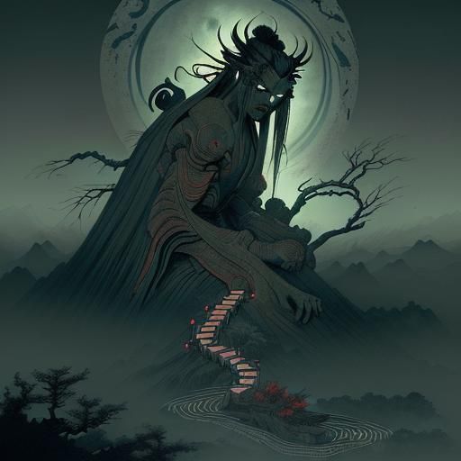 reference Japanese myths and lore variable yokai love between yaojing Yaoguai variable landscape and nature setting 4k r...