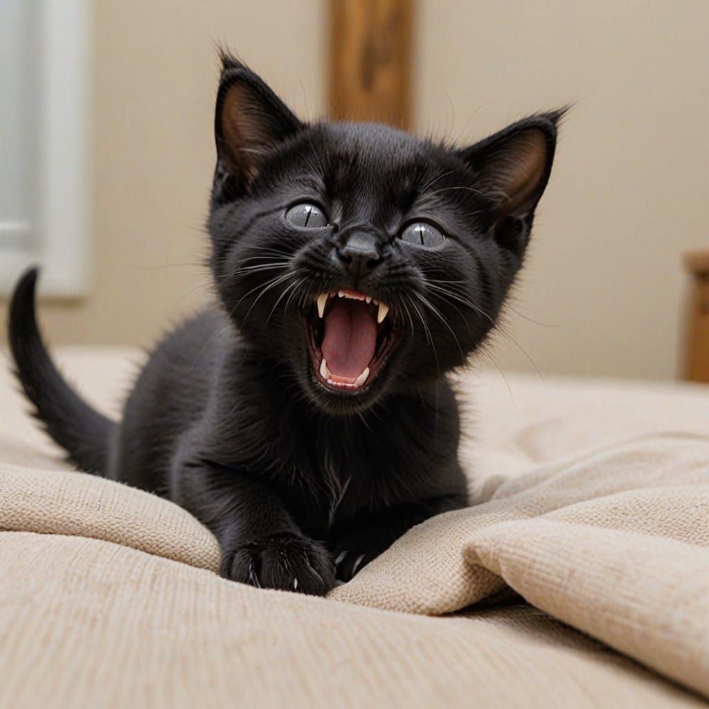 Tiny Black Kitten Yawns
