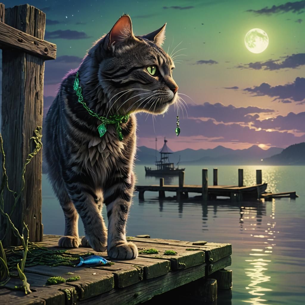 Cat with Fish on Pier: Fantasy Matte Painting