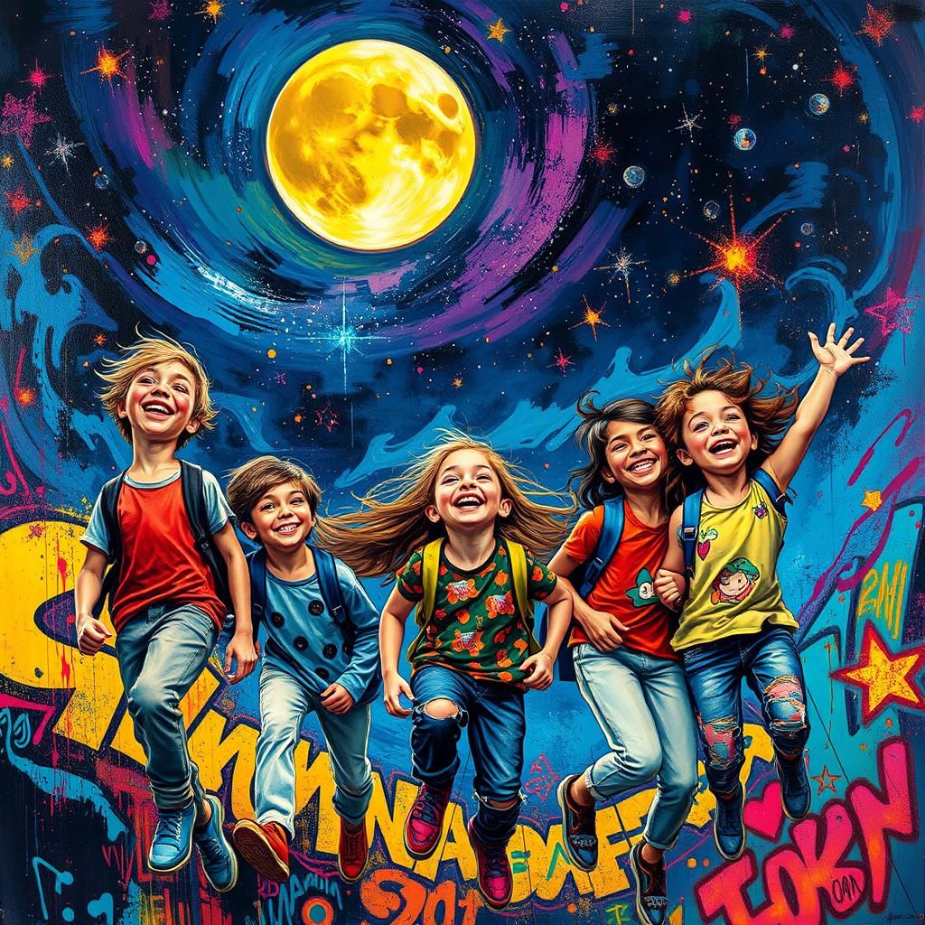 Youthful Figures Fly to the Moon in Splash-Art Style