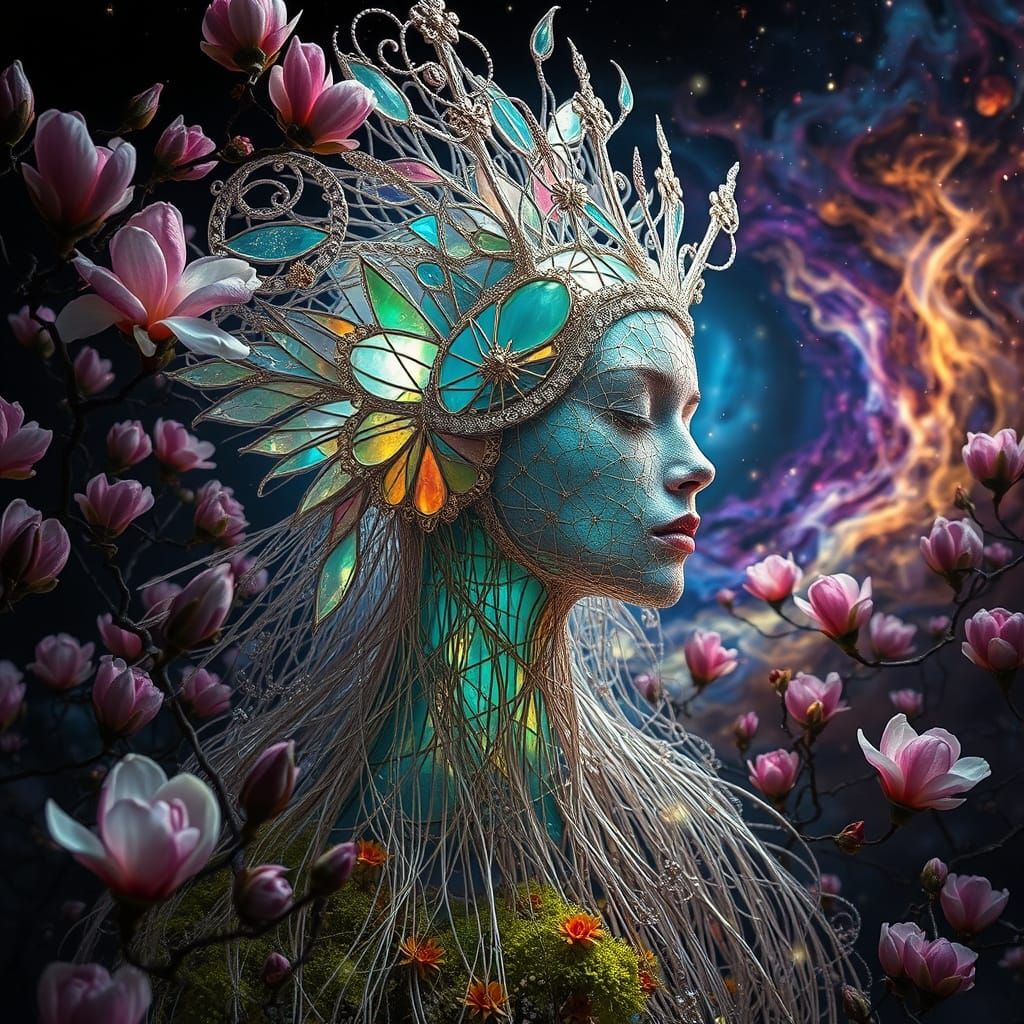 Ephemeral Eco-Art: Woman Portrait of Strings and Flowers