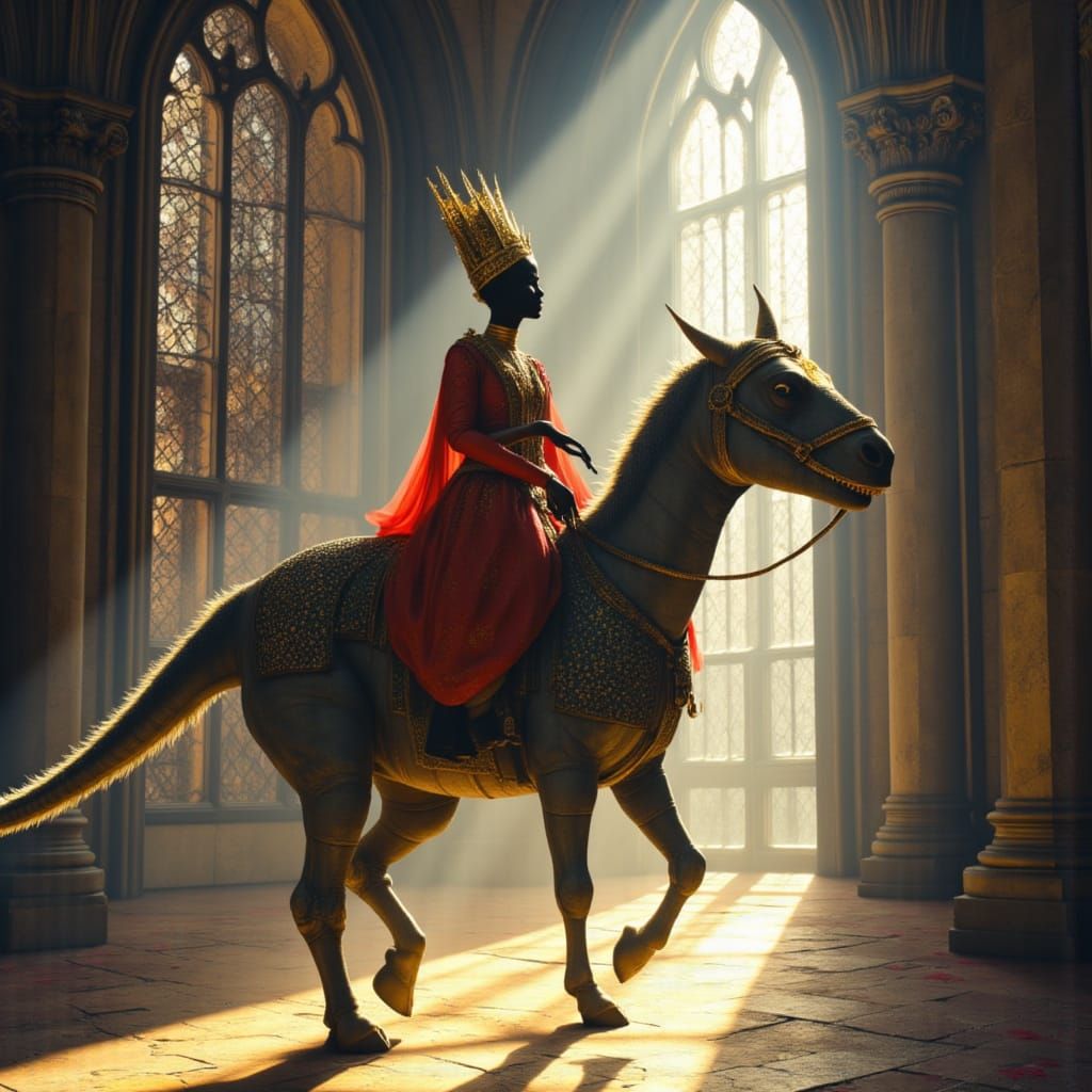 Queen Rides Jeweled T-Rex Through Castle Hall