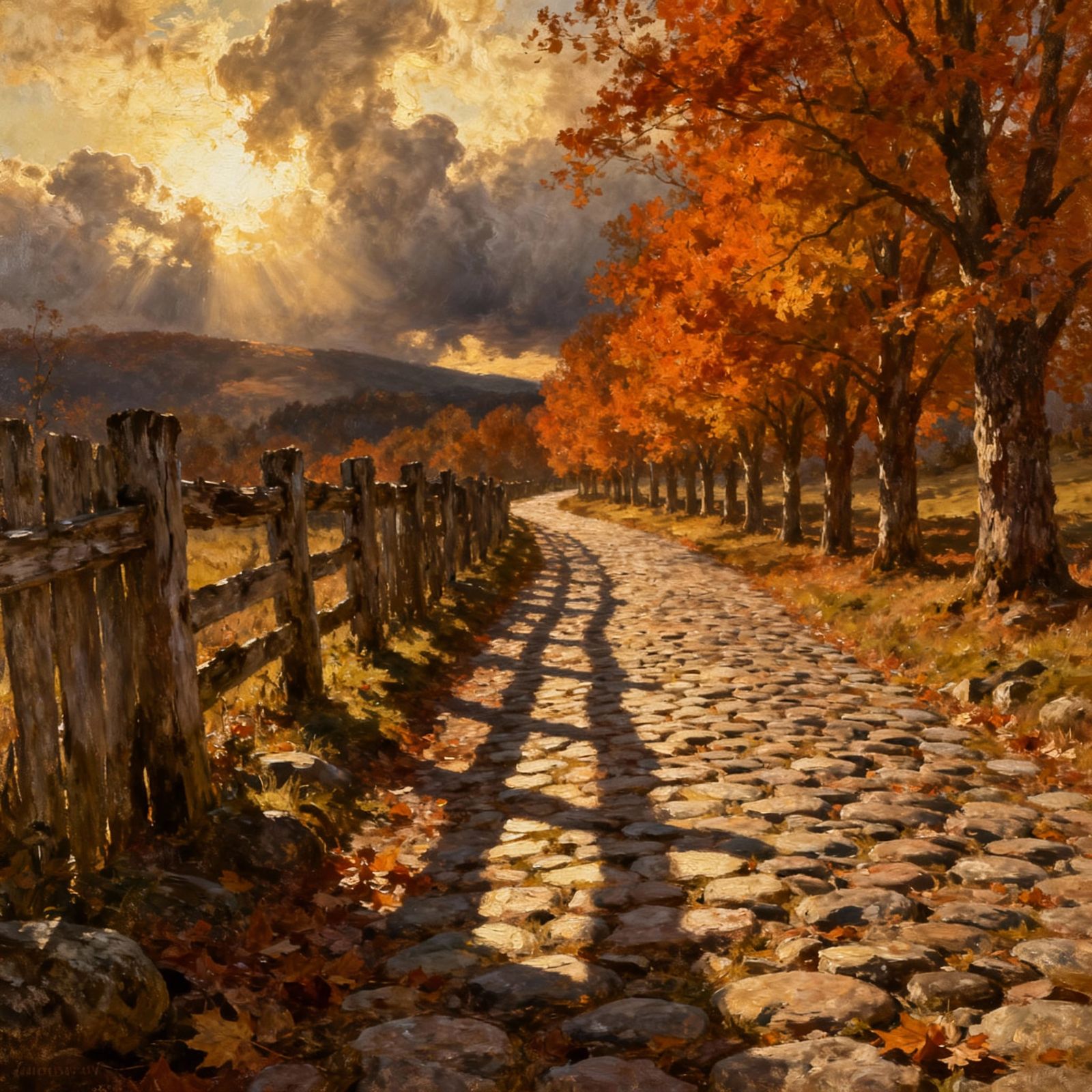 Golden Hour Autumn Lane with Cobblestone Path