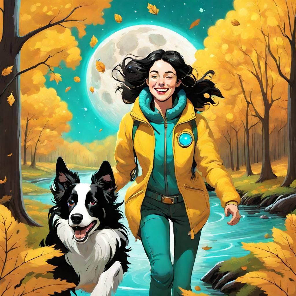 Woman, Spaceship, and Border Collie on a Spring Planet
