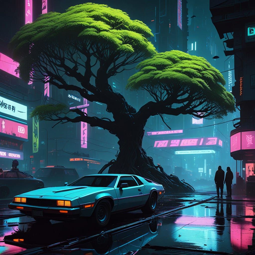 Cyberpunk Dreamscape with Glowing Tree Creature