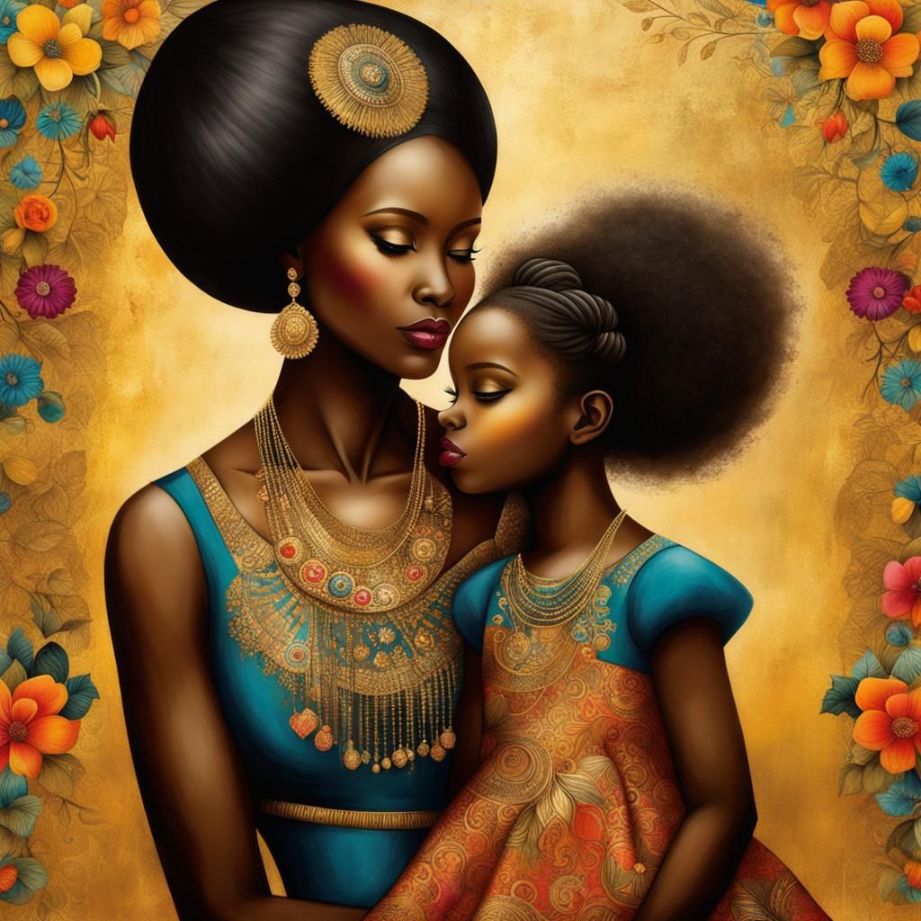 Mother and Daughter Portrait in Naive Art Style