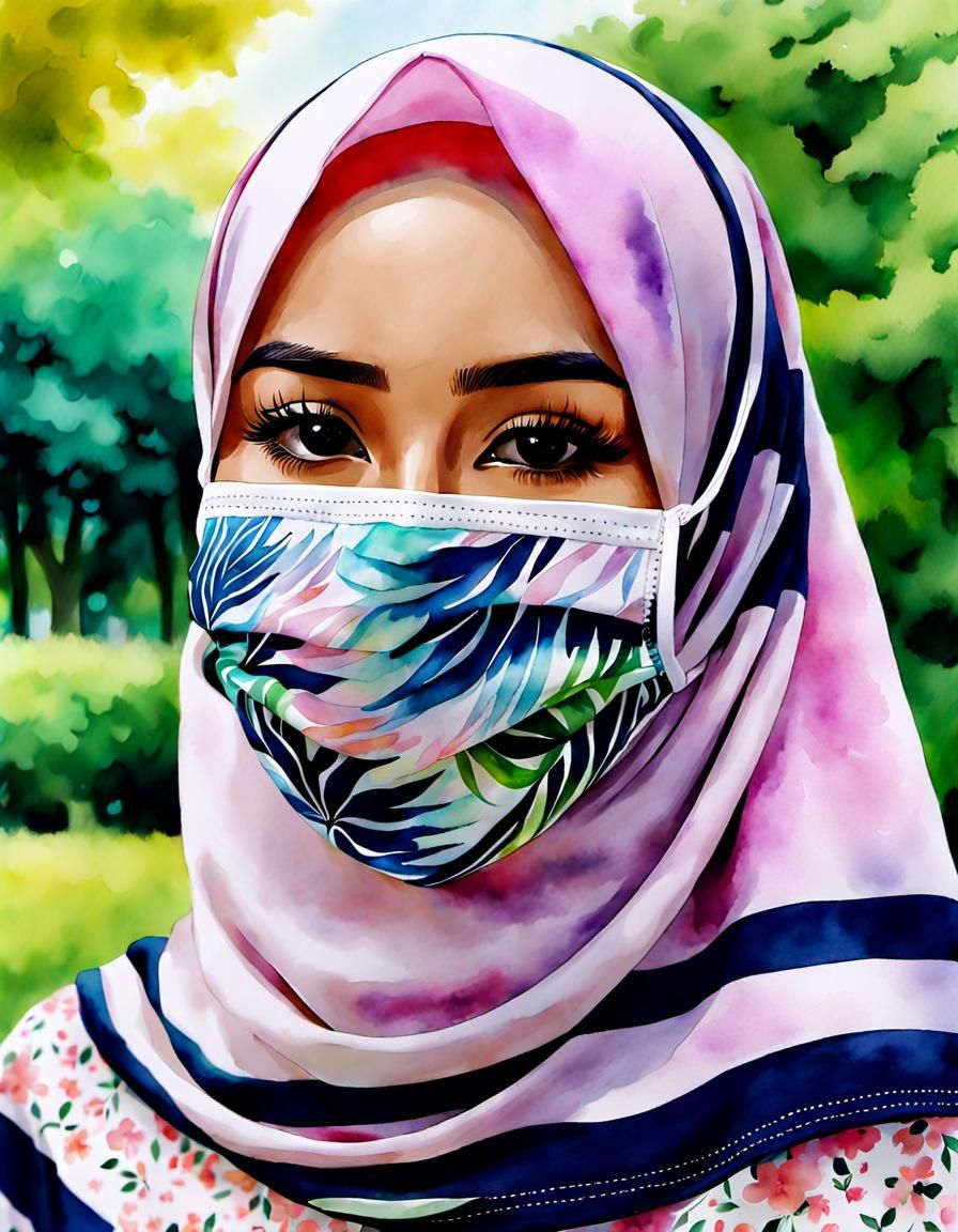 Indonesian Woman with Facemask in Watercolor Style