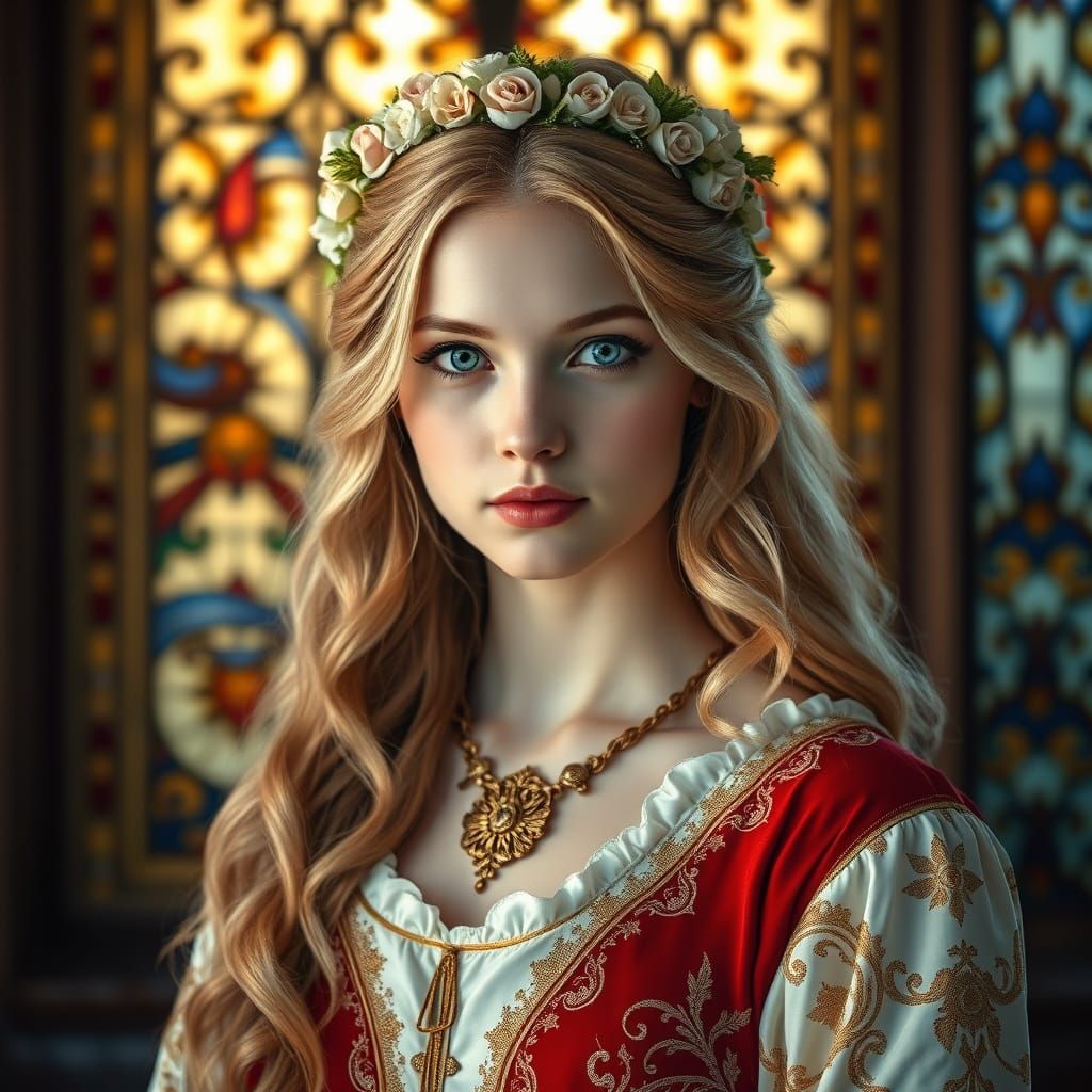 Ethereal Renaissance Beauty Adorned with Flowers and Gold