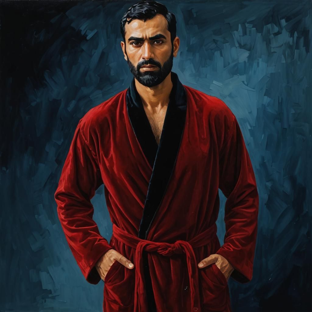 Serious Man in Red Velvet Bathrobe as Impasto Painting
