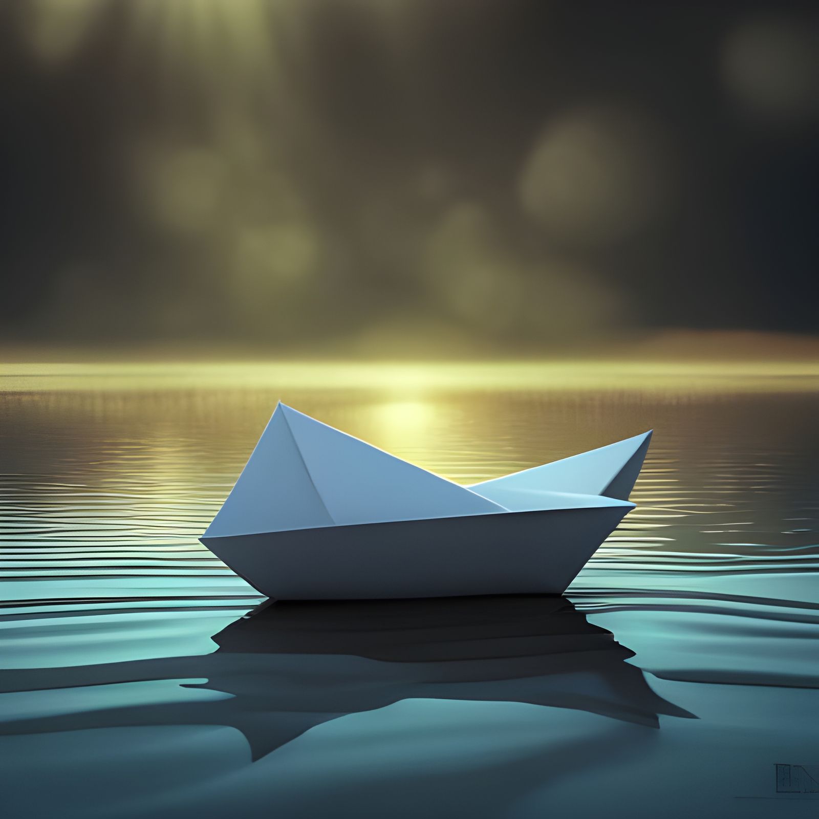 Origami Paper Boat in Puddle, 3D Cinematic Render