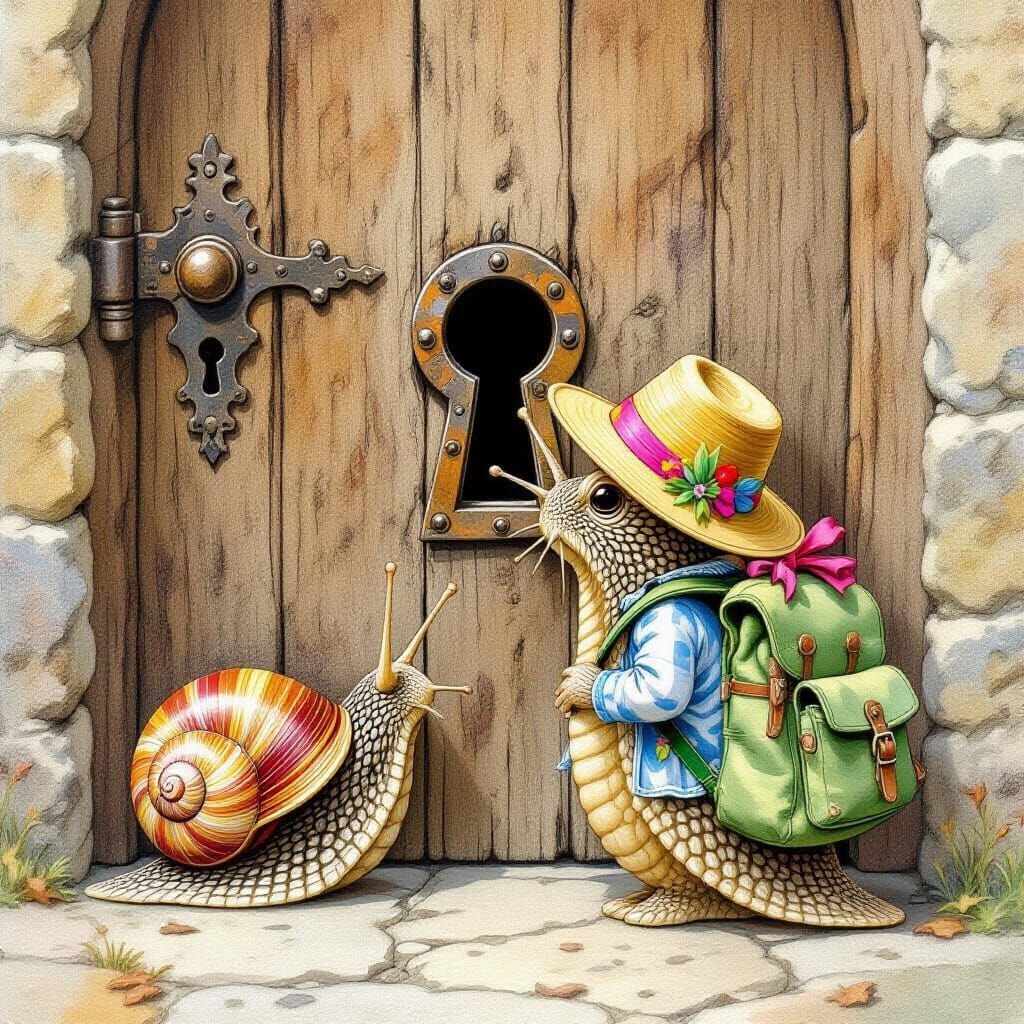Snail's Whimsical Peek: Vintage Door Illustration