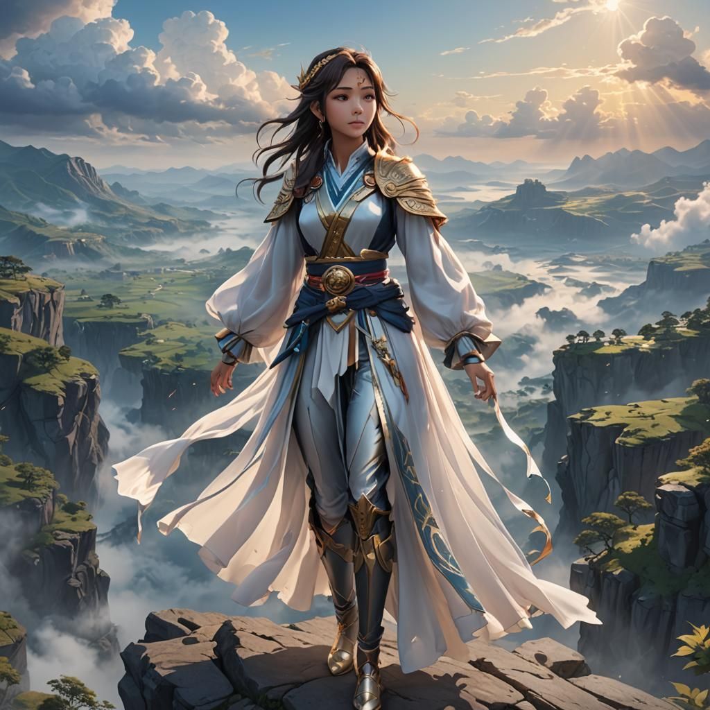 Anime Woman on Cliff in Flowing Outfit