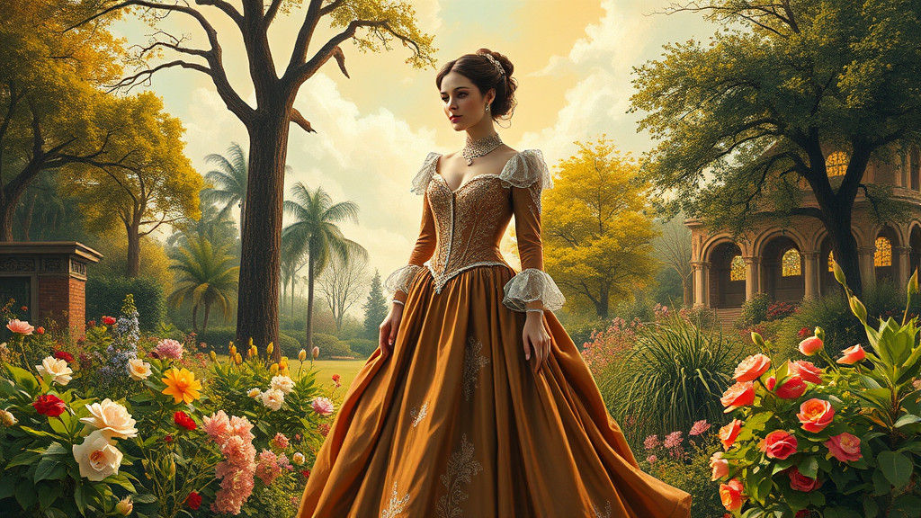 Victorian Lady in Lush Garden, Inspired by Oil Painting