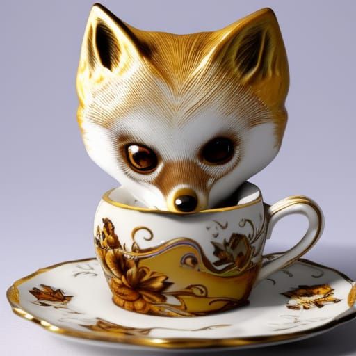 White Fox in Teacup: Romantic Digital Illustration