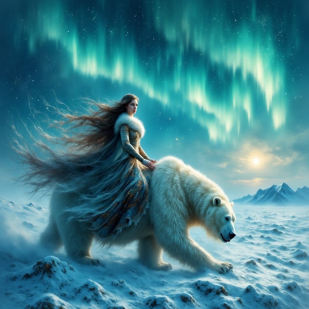 Warrior Woman Rides Polar Bear Under Aurora Borealis