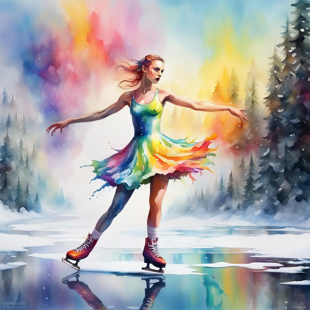 Rainbow Water Dress: Crossdresser Ice Skater in Watercolor
