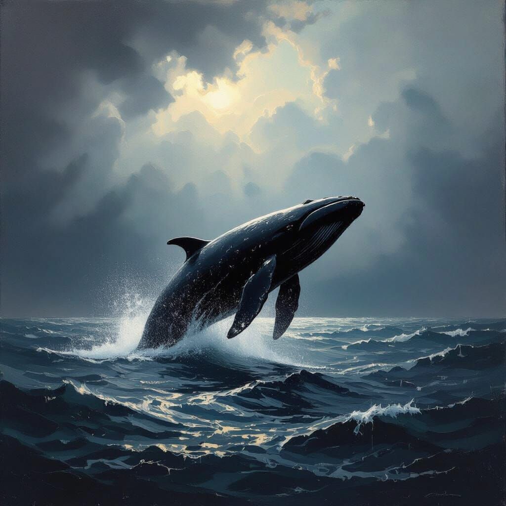 Whale Breaches Stormy Ocean in Dramatic Oil Painting Style