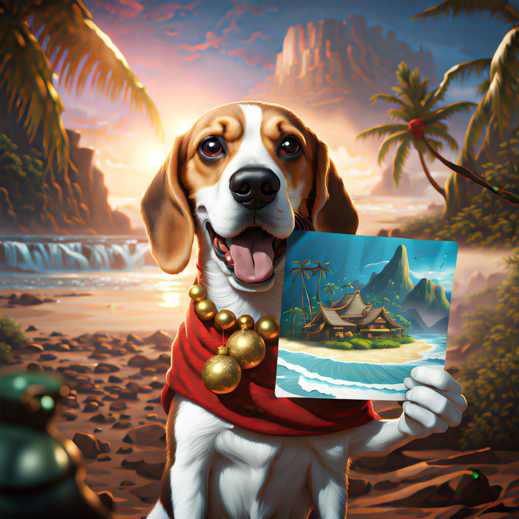 Beagle with Hawaiian Christmas Postcard, Detailed Matte Pain...