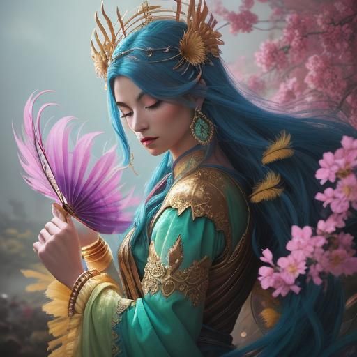 Iridescent Dragon Woman with Flowers, Cinematic Still