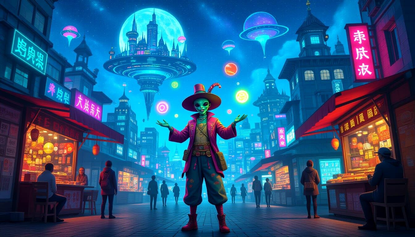 Cyberpunk Alien Bazaar with Juggling Performer