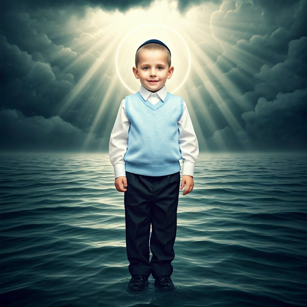 Surreal Hasidic Boy in Ethereal Festival Attire Amidst Turbu...