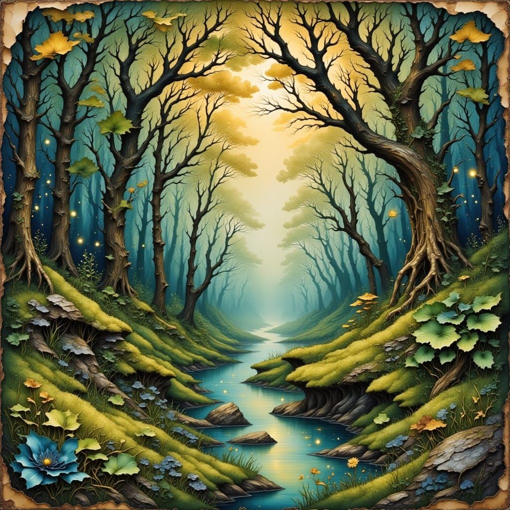 Serene Forest at Dusk: Mixed Media Collage