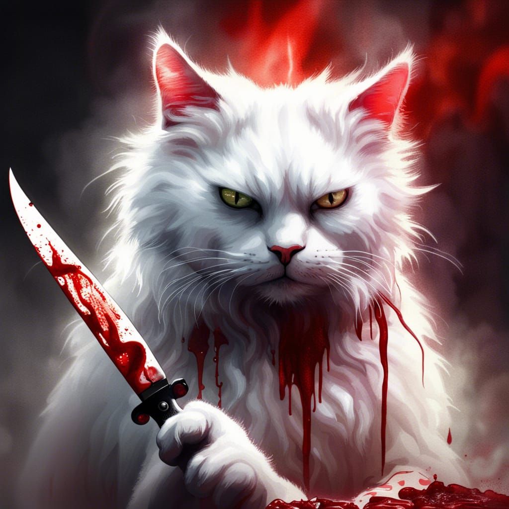 White Cat with Knife in Dark Fantasy Art
