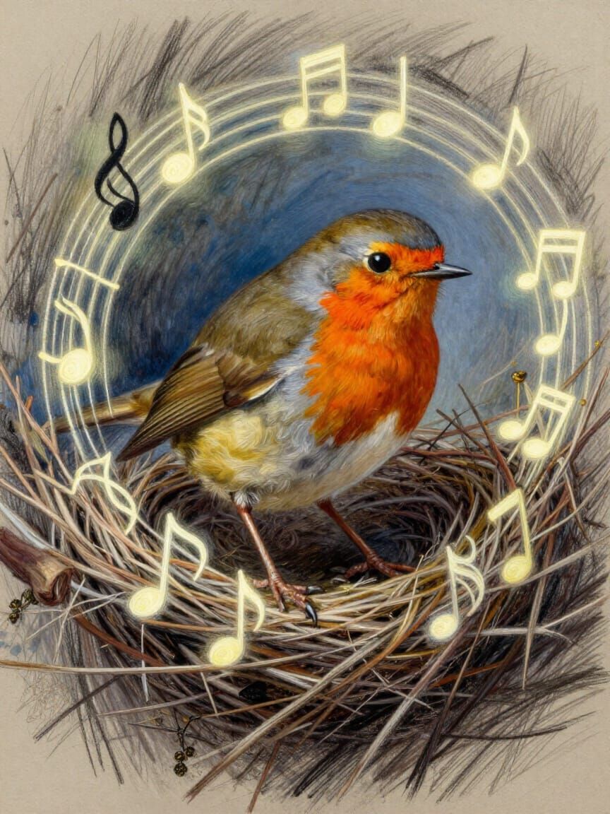 Expressive Robin Weaves Glowing Musical Notes Into Nest