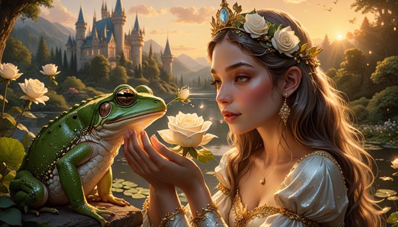 Faerie Princess Kisses Majestic Frog Under Golden Hour Glow