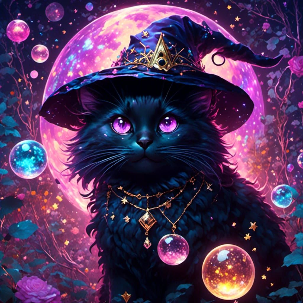 Enchanting Black Cat Conjuring Magic, Astral Illustration