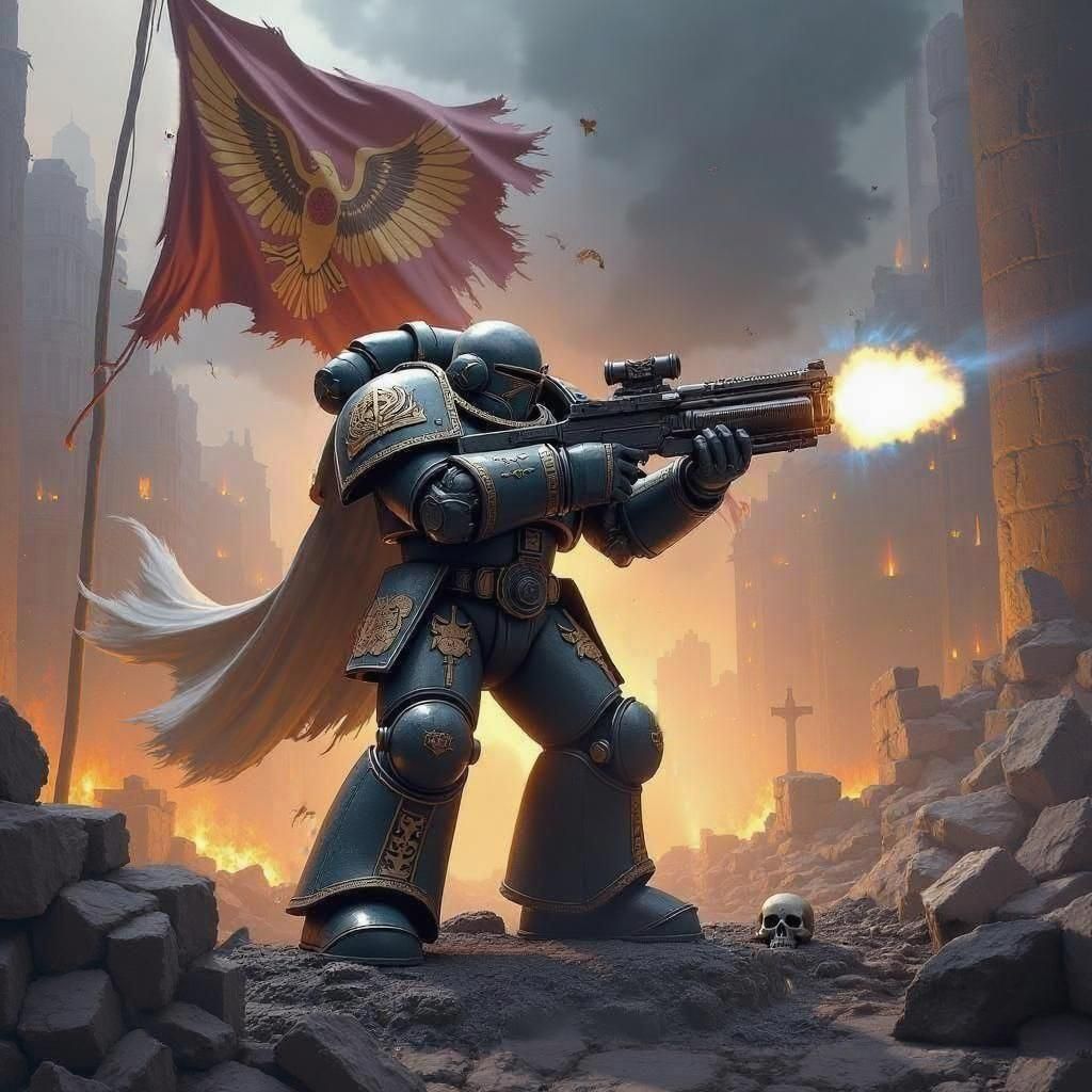 Space Marine Firing Bolt Gun in Grimdark Setting