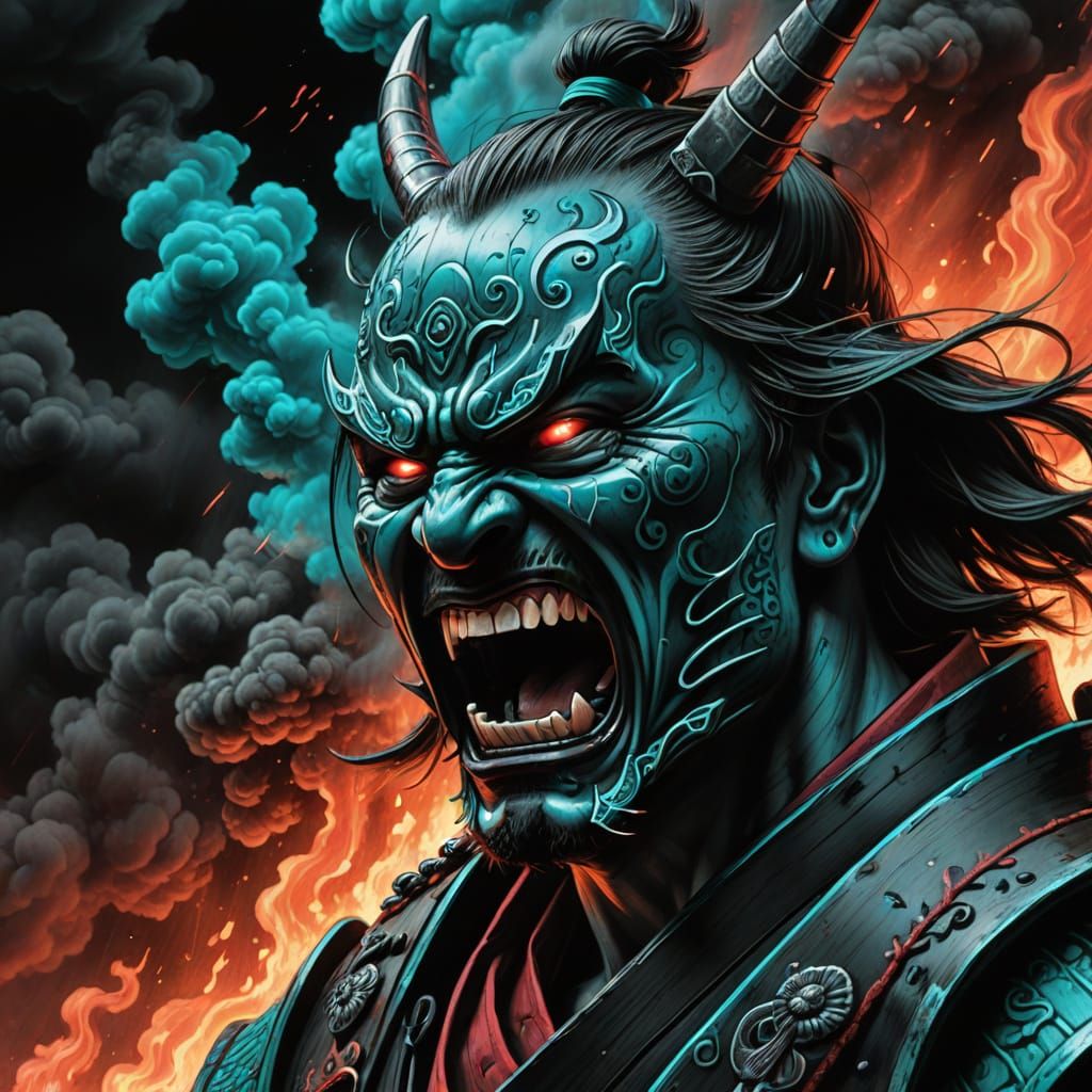 Surreal Samurai Screaming in Black Forest, Horror Drawing