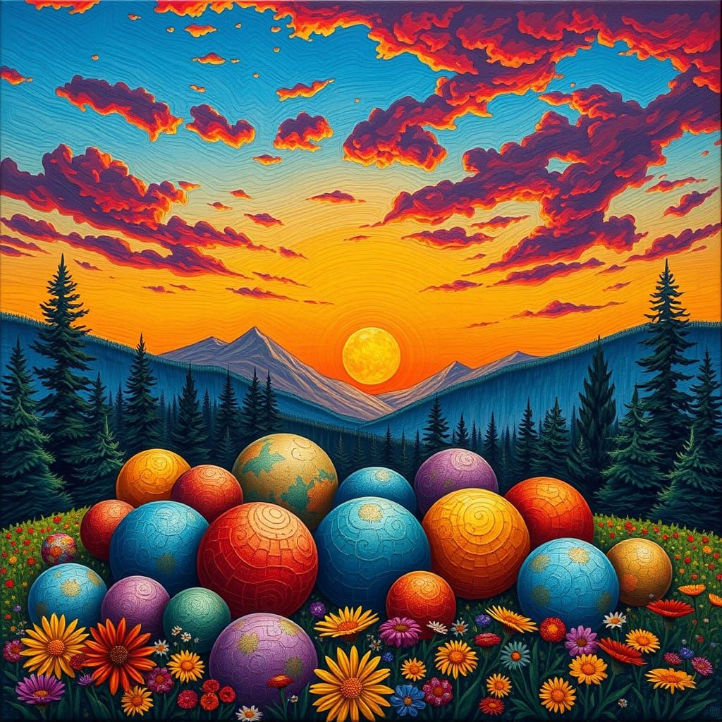 Colorful Spheres Quilt with Sunset, in Impressionist Style