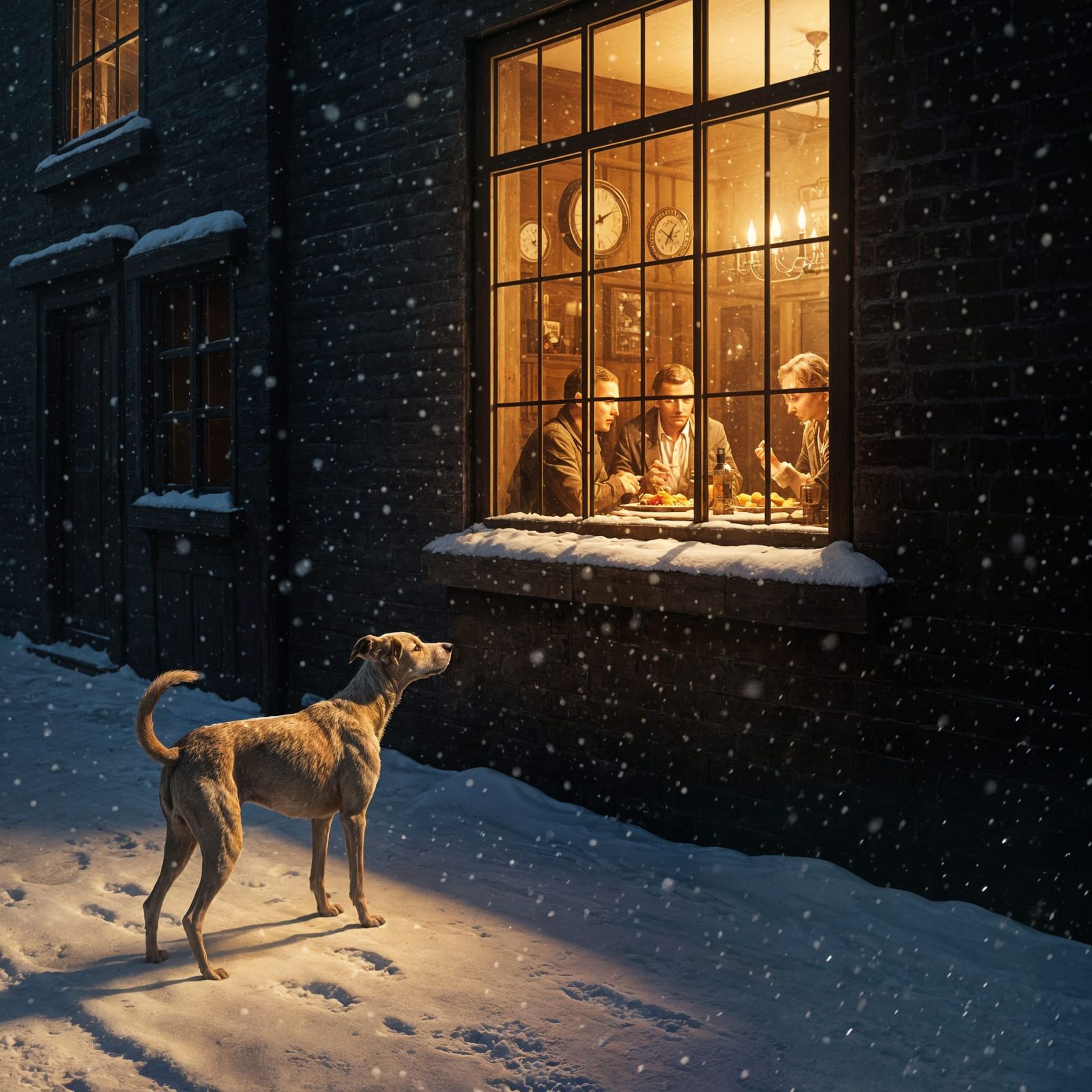 Hungry Dog Looks Into Warm Tavern Window