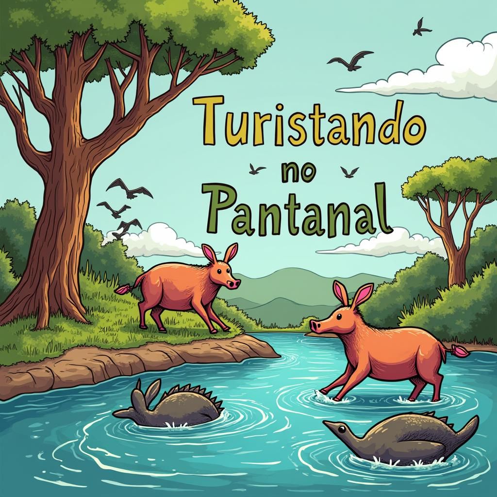 Colorful Pantanal Drawing with Capybaras and Storks