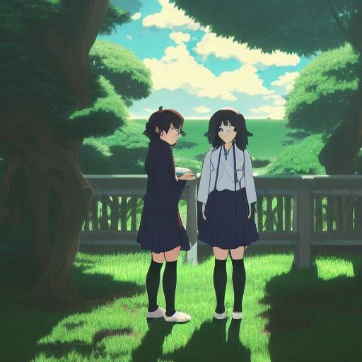 Children in Ghibli-esque Anime Landscape